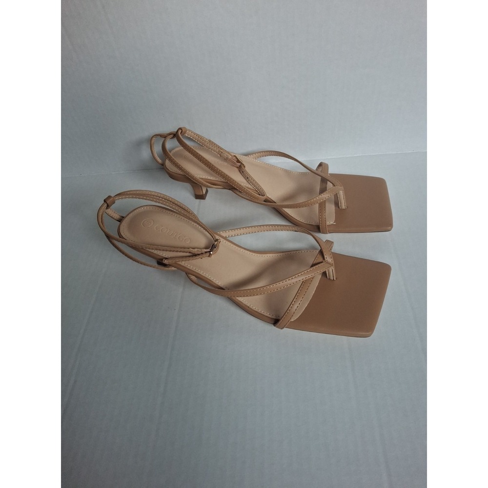Strappy Stiletto Heels, Slip On, Square Toe, Solid, Synthetic Upper Brown Size 8